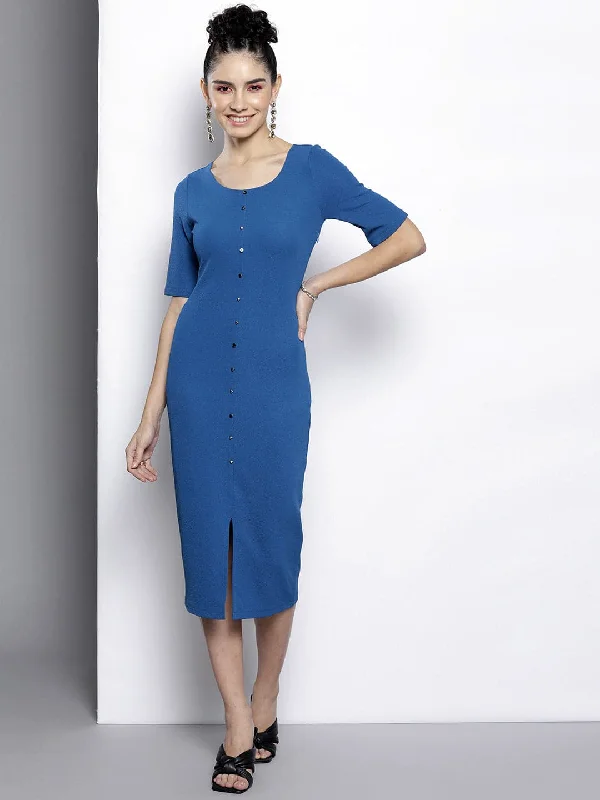 Women Blue Front Button Bodycon Dress