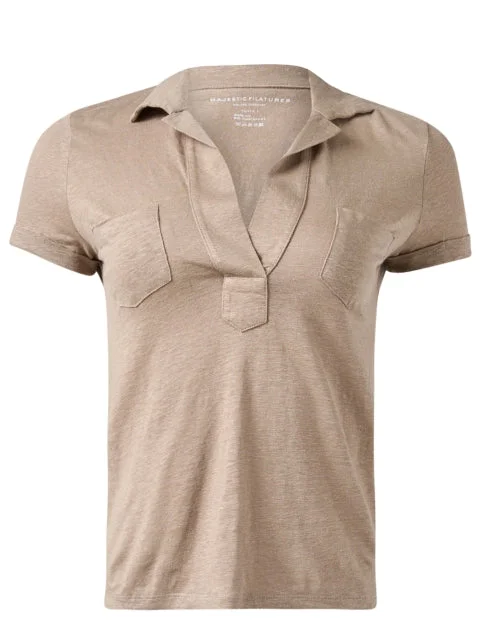 Beige Stretch Linen Polo Top