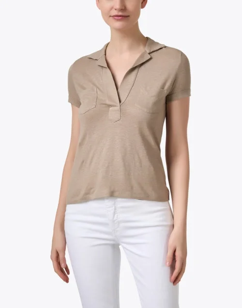 Beige Stretch Linen Polo Top