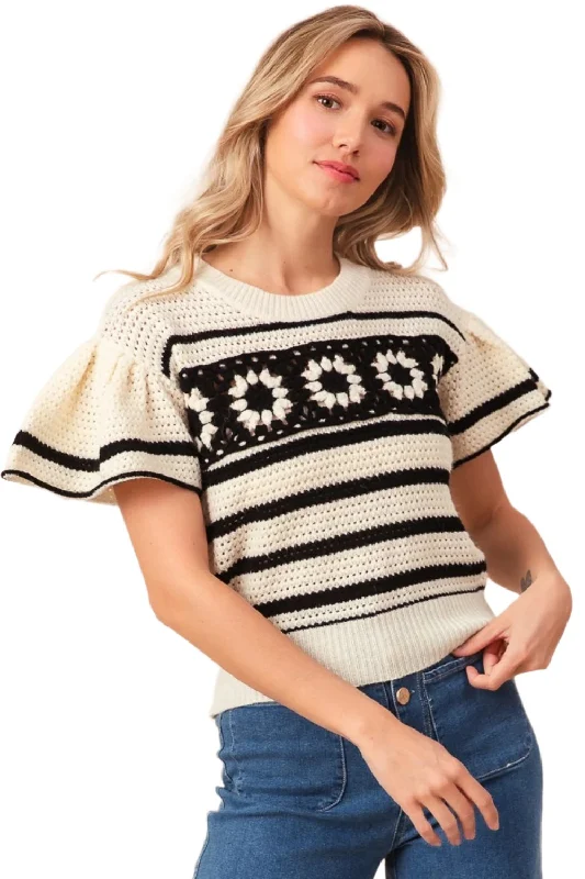 BiBi Granny Square Short Sleeve Striped Sweater