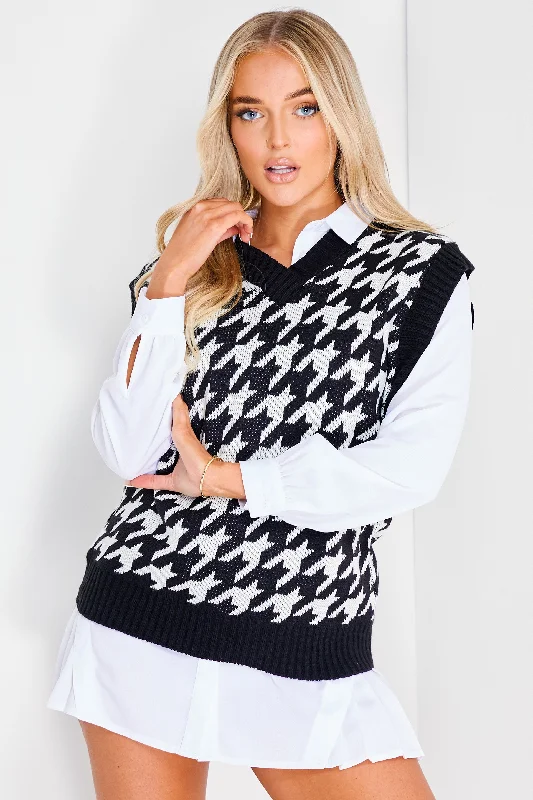 Briony Black and White Houndstooth V Neck Knit Vest Top