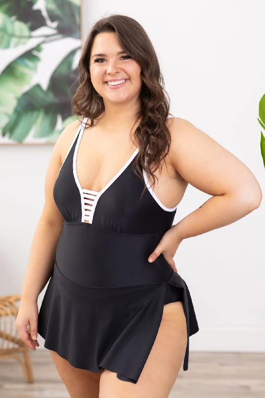 Black and White One Piece Swimsuit with Skirt