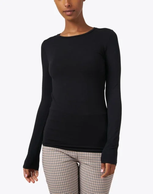 Black Crew Neck Long-Sleeved Stretch Viscose Top