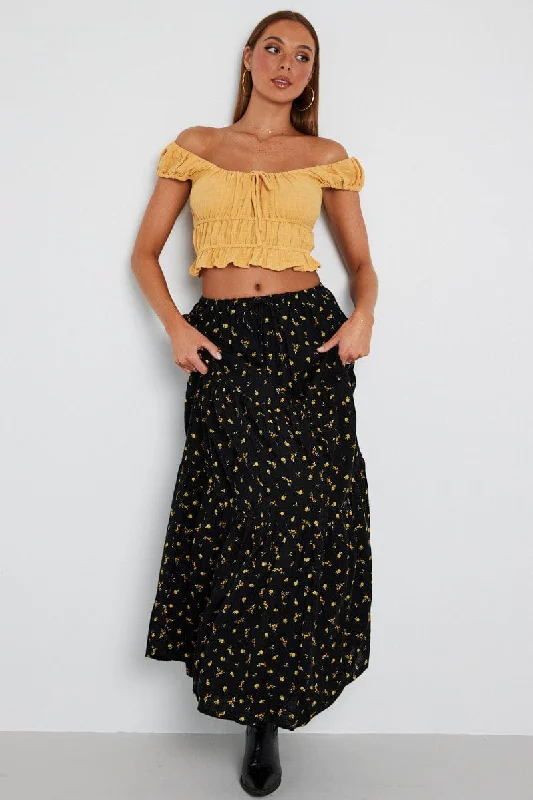 Black Floral Maxi Skirt Elasticated Waist