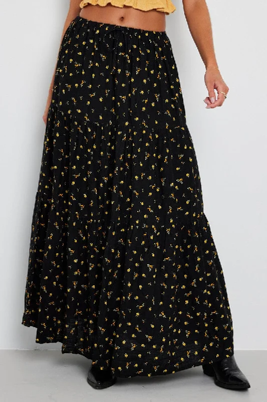 Black Floral Maxi Skirt Elasticated Waist