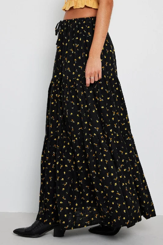 Black Floral Maxi Skirt Elasticated Waist