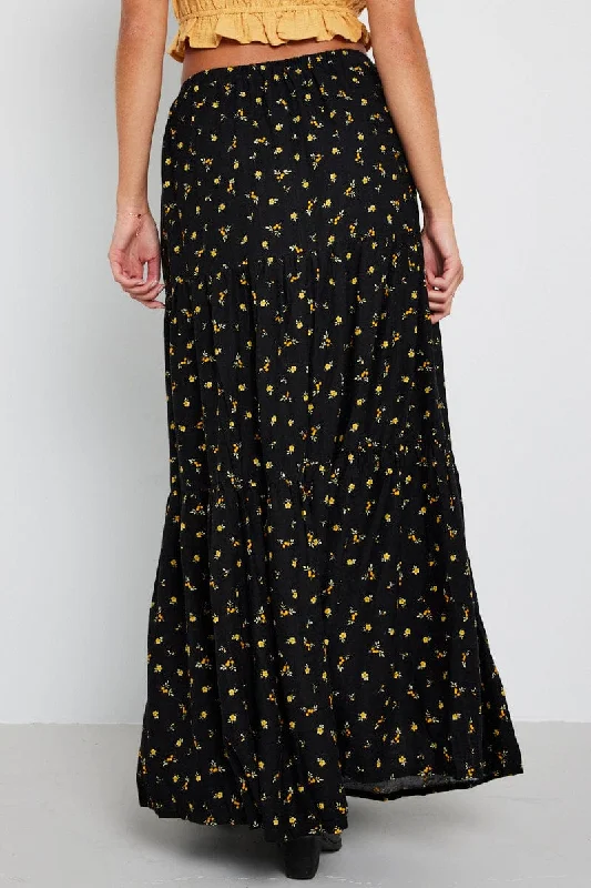 Black Floral Maxi Skirt Elasticated Waist