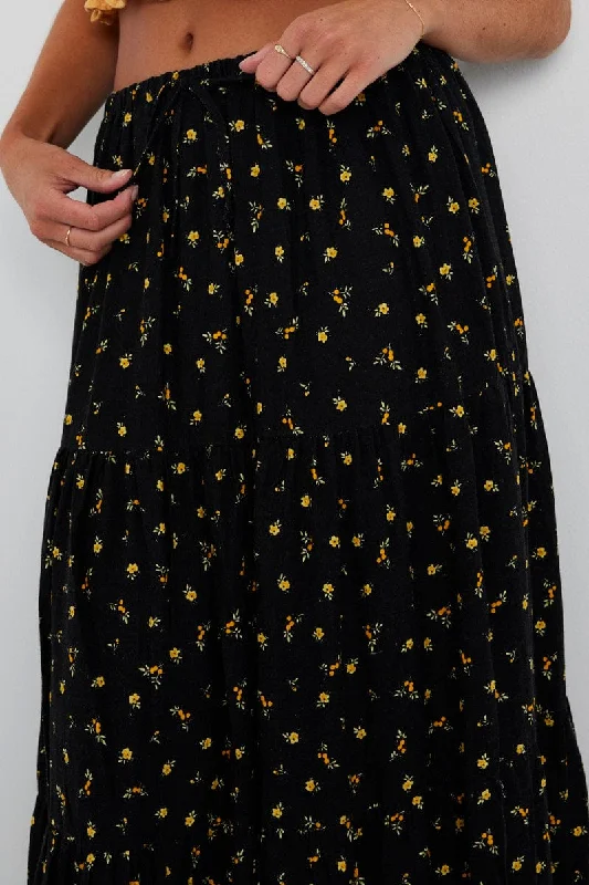 Black Floral Maxi Skirt Elasticated Waist