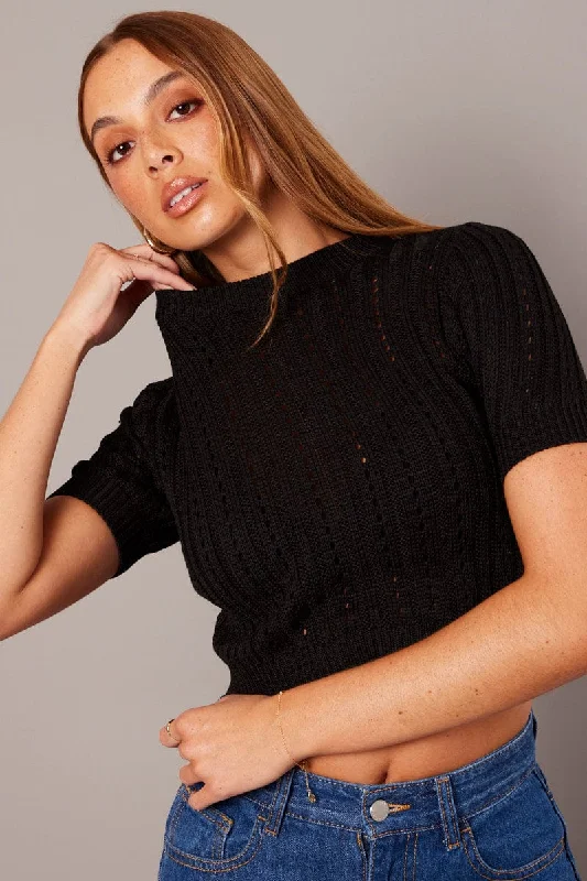 Black Knit Top Crew Neck Short Sleeves Cropped