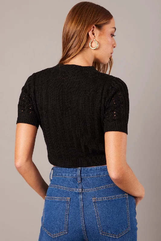 Black Knit Top Crew Neck Short Sleeves Cropped