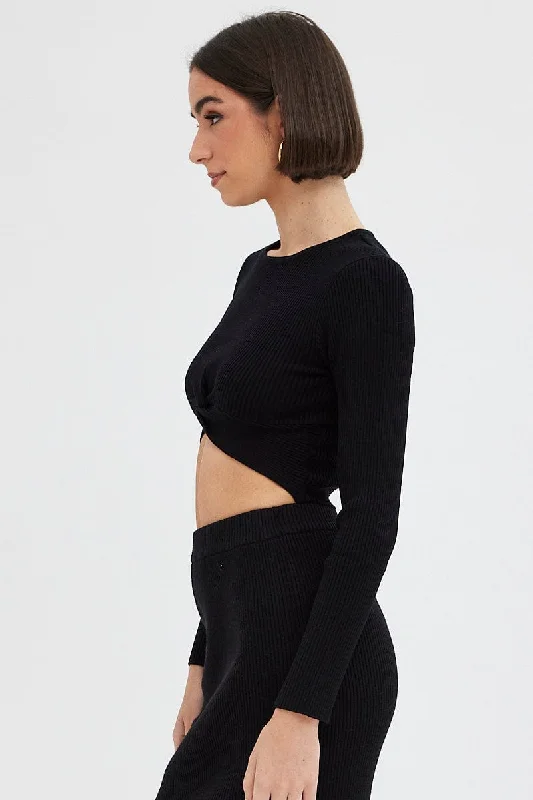 Black Knit Top Long Sleeve Front Knot Detail Crop