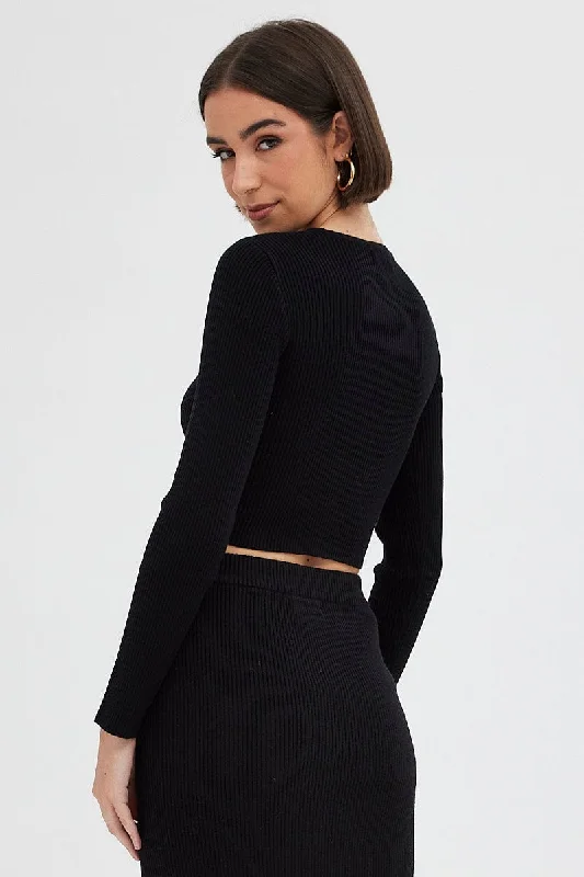 Black Knit Top Long Sleeve Front Knot Detail Crop