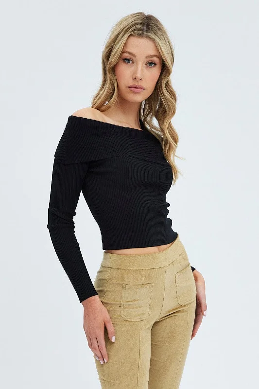 Black Knit Top Off The Shoulder Ribbed