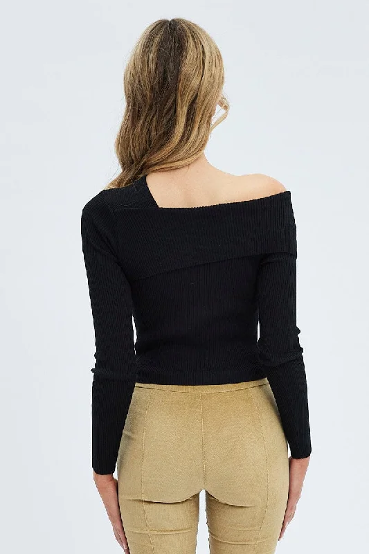 Black Knit Top Off The Shoulder Ribbed