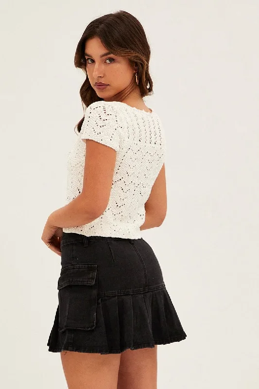 Black Mid Rise Out Pocket Cargo Mini Denim Skirt