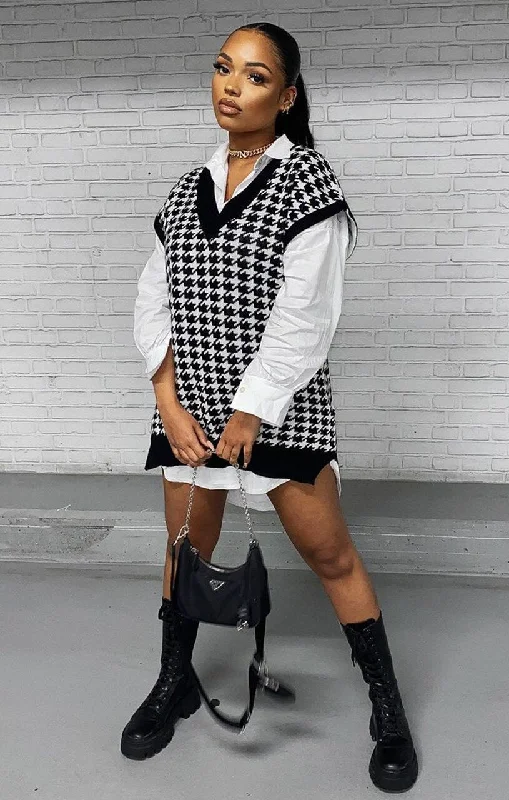 Black & White Oversized Houndstooth Sleeveless Rib Detail Mini Jumper Dress - Kristen