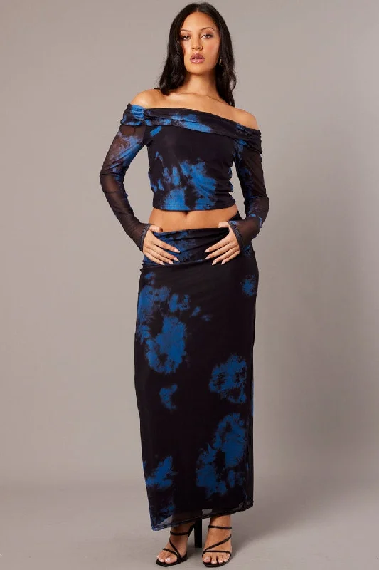 Blue Abstract Maxi Skirt High Rise Mesh