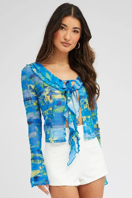 Blue Abstract Mesh Cardigan Long Sleeve