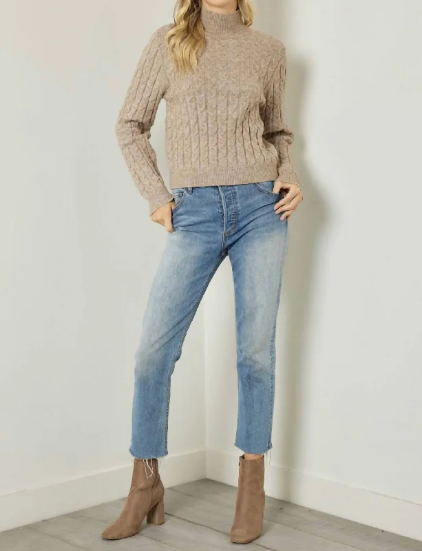 Cable Knit Turtleneck Sweater In Taupe