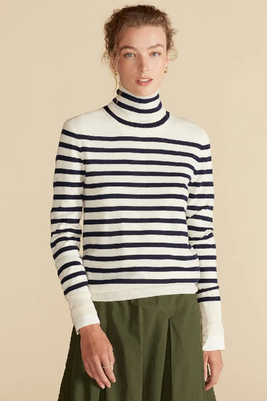 Carrie Turtleneck Cashmere Sweater - Ivory and Navy Blue Stripe