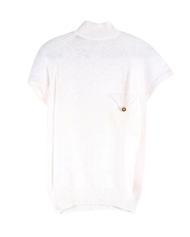 Chanel White Cotton Turtleneck Short Sleeves Clover Buttons Sweater