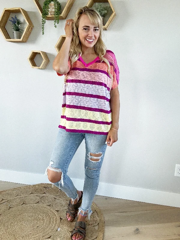 Mood Maker Striped V-Neck in Fuchsia Combo