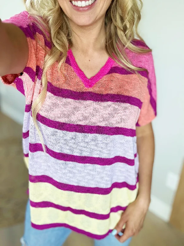 Mood Maker Striped V-Neck in Fuchsia Combo