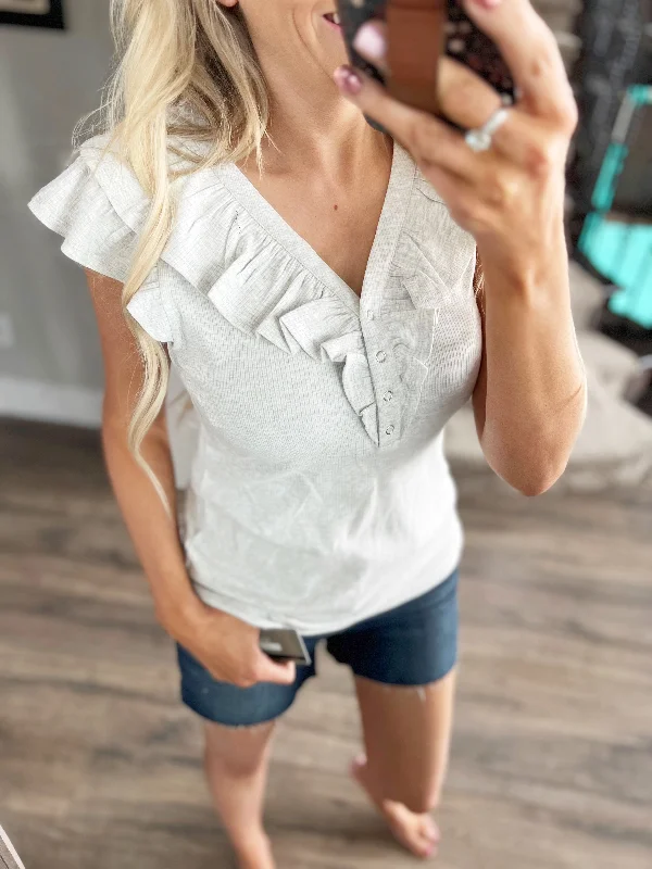 No Nonsense Ruffle V-Neck Ribbed Top in Heather Gray