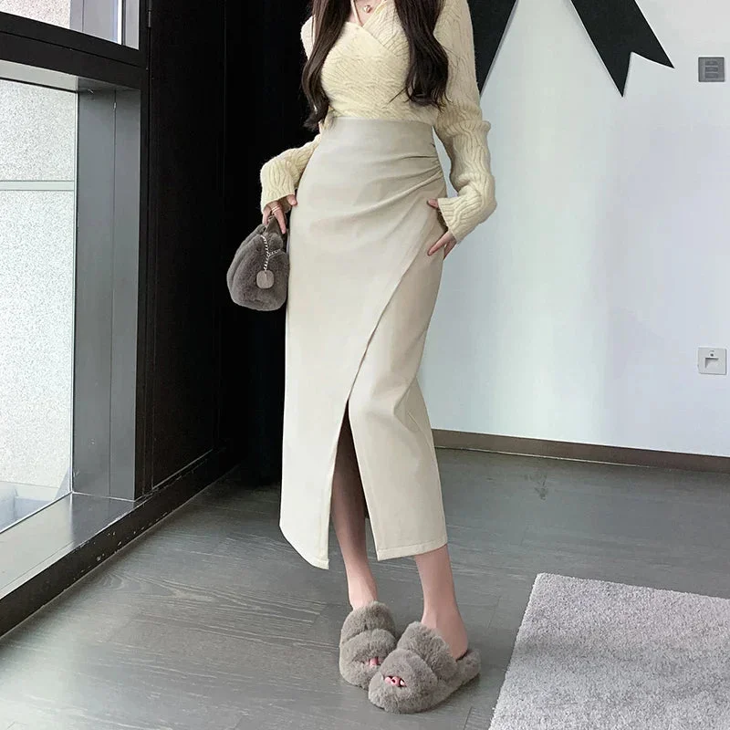 Autumn Winter Front Split Long 2024 New High Waist Classic Office A-Line Skirt