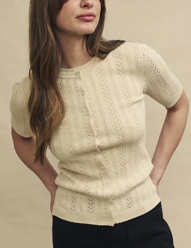 Cream Pointelle Short Sleeve Knitted Cardigan