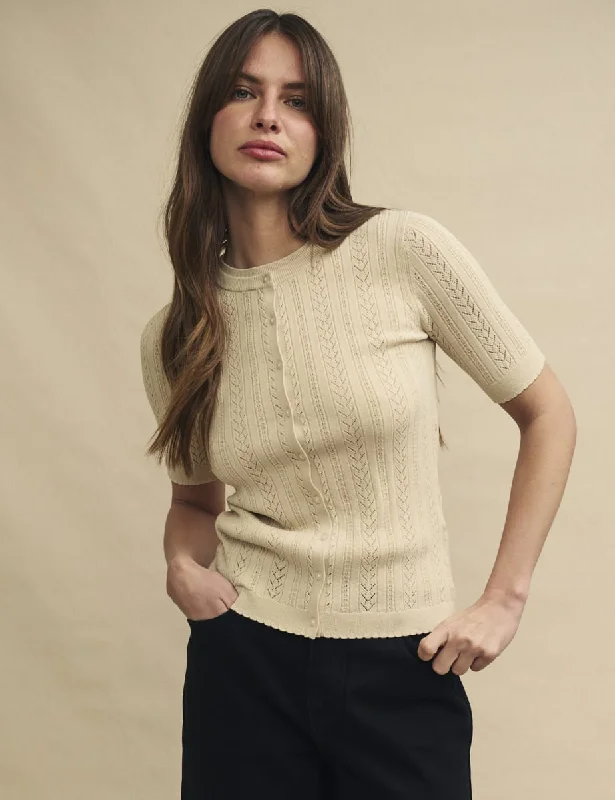 Cream Pointelle Short Sleeve Knitted Cardigan