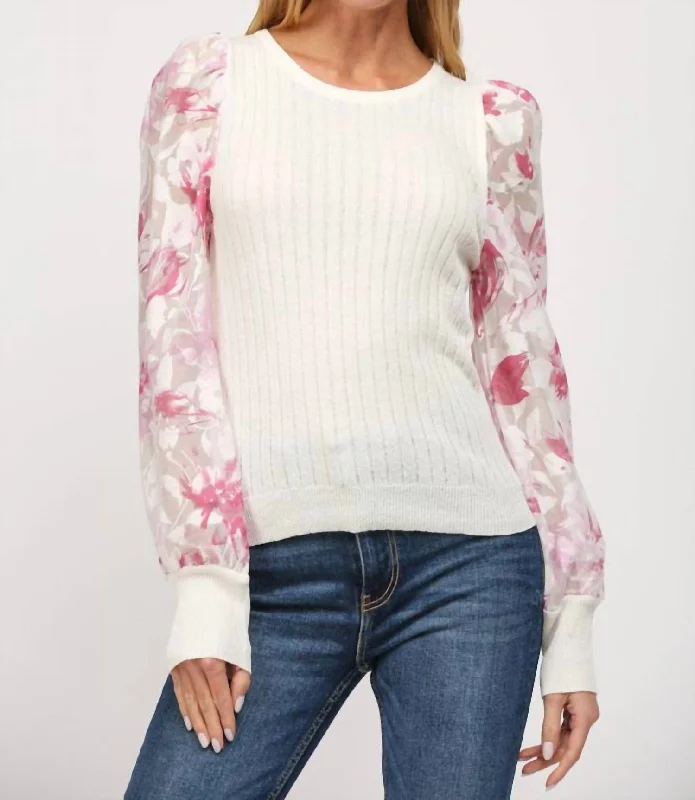 Floral Print Organza Sleeve Cable Knit Sweater In Cream Pink