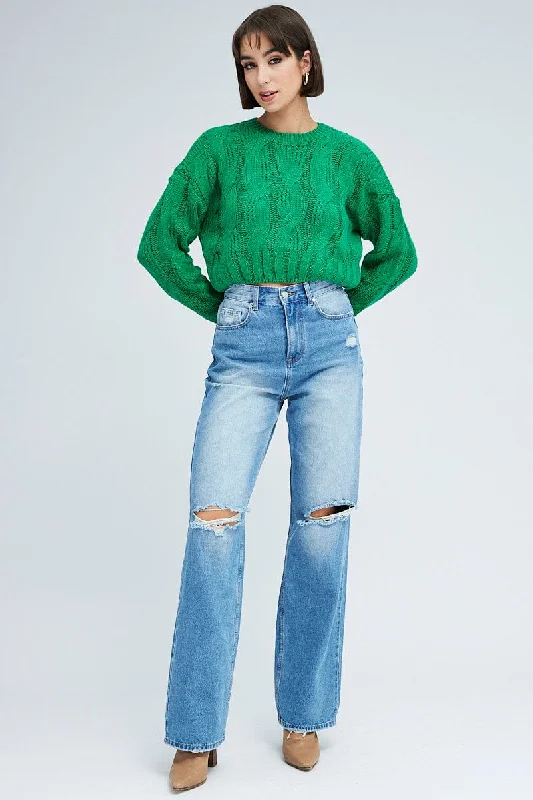 Green Cable Knit Jumper Long Sleeve