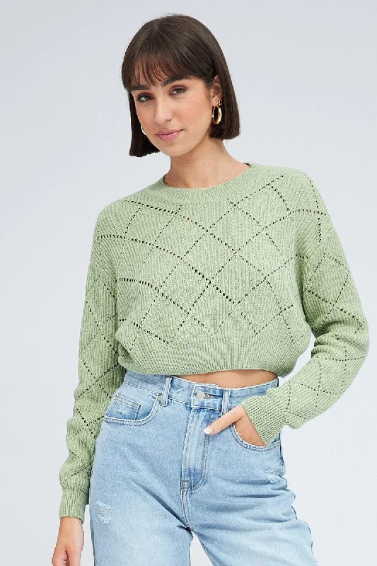 Green Knit Jumper Long Sleeve Crew Neck