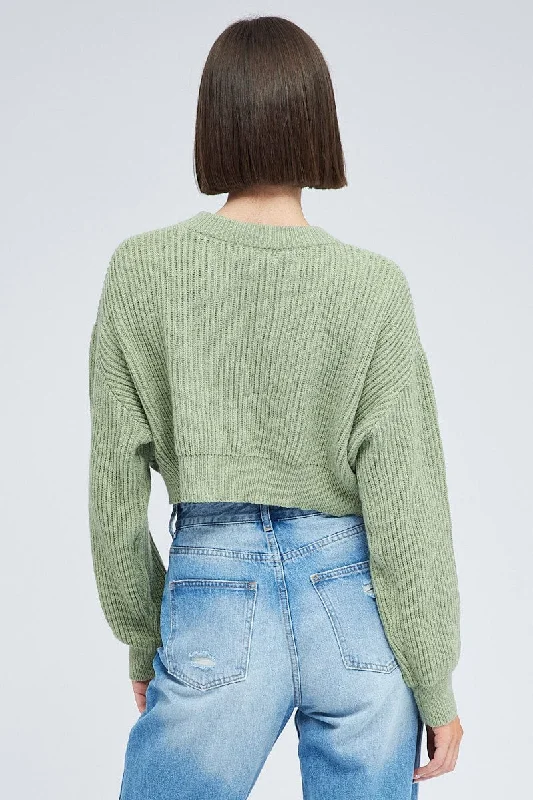 Green Knit Jumper Round Neck Long Sleeve Crop