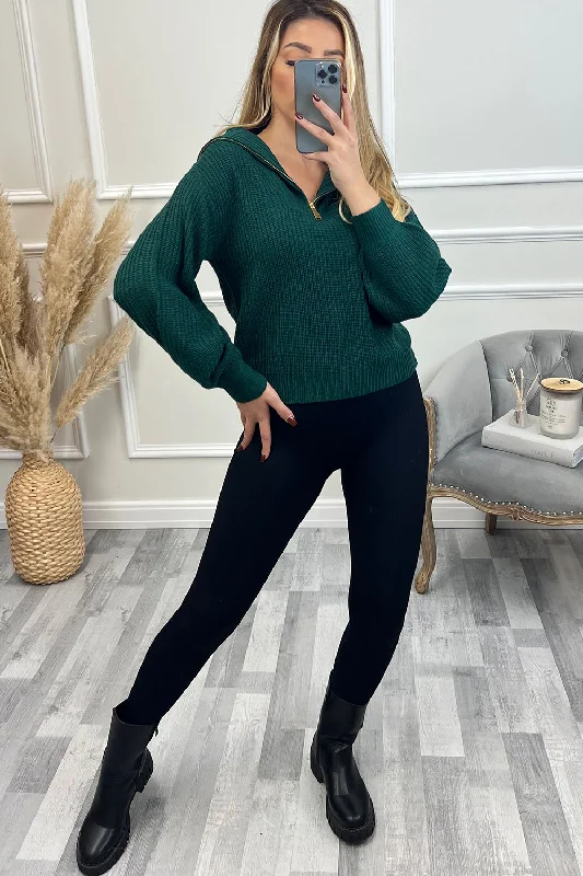 Harlow Green Zip Detail Roll Neck Knit Jumper