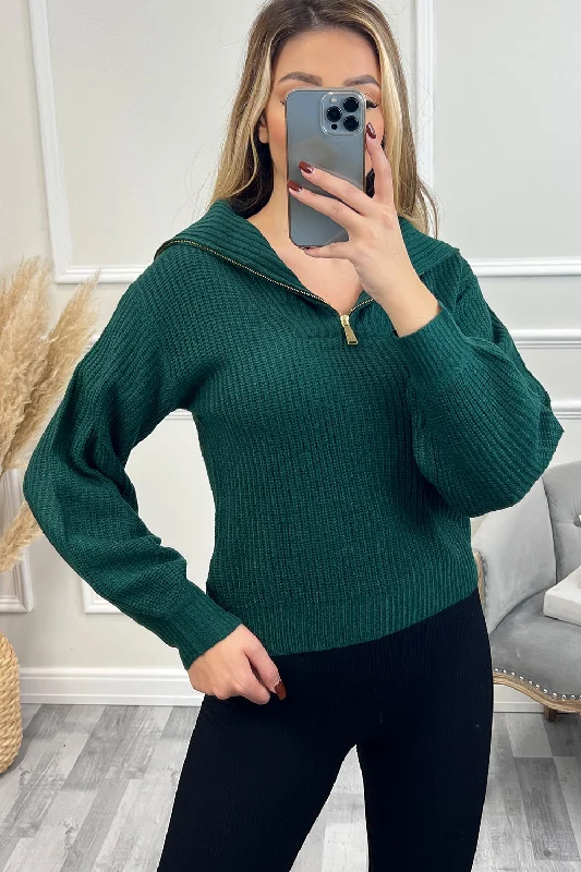 Harlow Green Zip Detail Roll Neck Knit Jumper