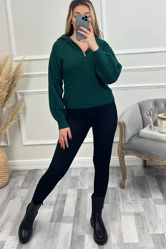 Harlow Green Zip Detail Roll Neck Knit Jumper