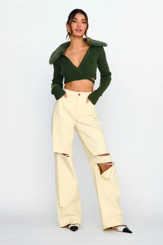 Hollyoak Fur Collar Knit Crop Top Dark Olive