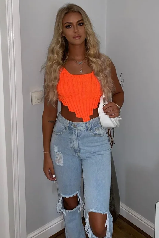 Imogen Neon Orange Distressed Hem Knit Crop Top