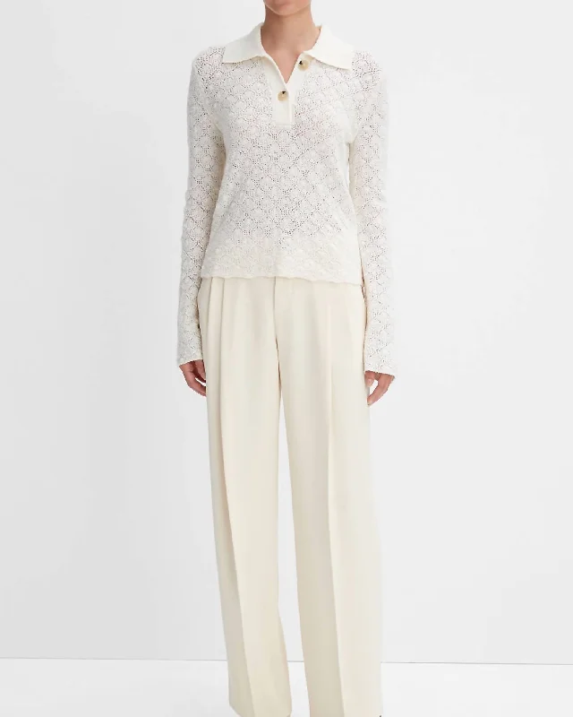 Italian Wool-Blend Lace-Stitch Polo Sweater In Off White