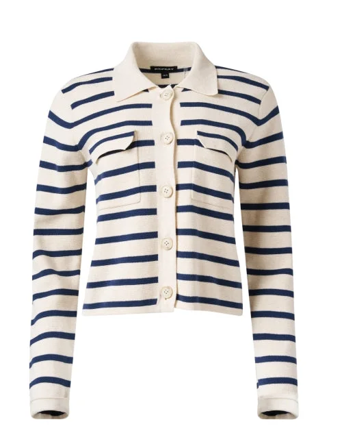 Ivory and Navy Striped Cotton Cardigan