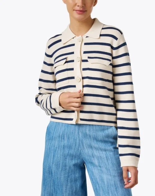 Ivory and Navy Striped Cotton Cardigan