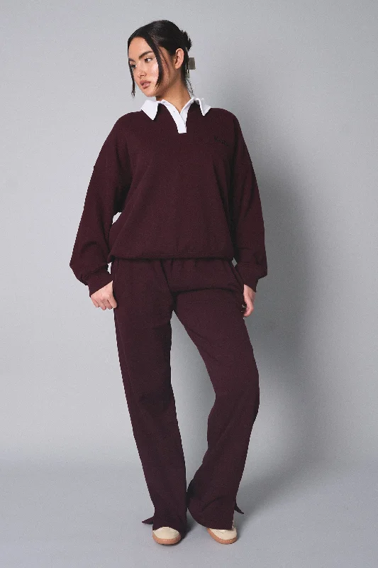 Kaiia Contrast Collar Oversized Rugby Sweatshirt Burgundy