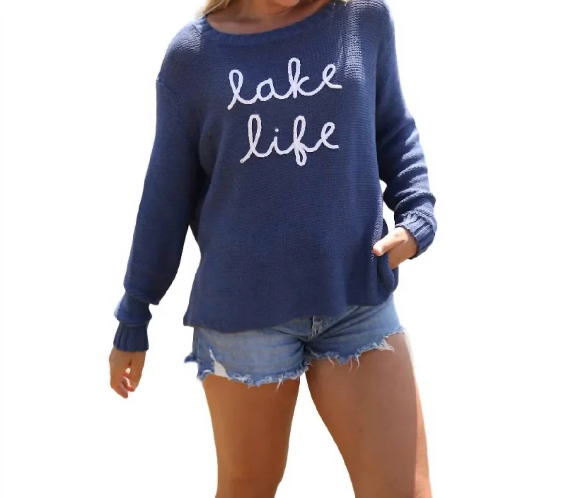 Lake Life Cotton Crew Sweater In Indigo/breaker White