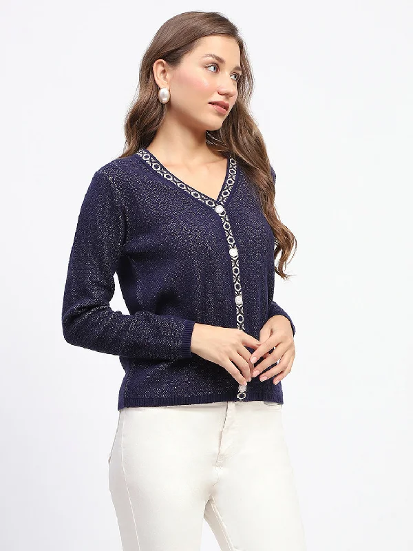 Madame Geometric Pattern V Neck Navy Blue Cardigan