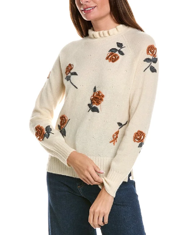 Minnie Rose Embroidered Flower Mock Neck Cashmere Sweater