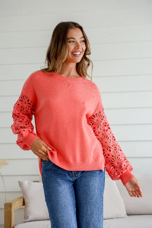 Miss Marlow Crochet Sleeve Slouch Knit Melon