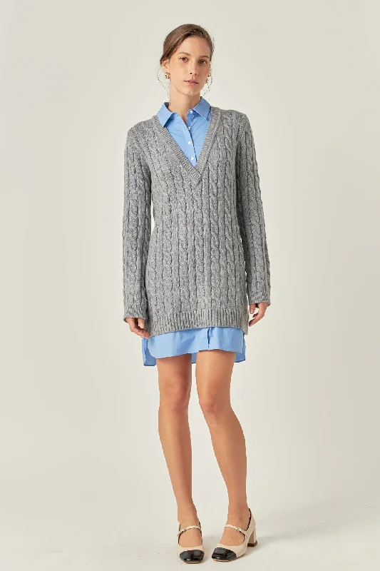 Mixed Media Cable Knit Sweater Dress