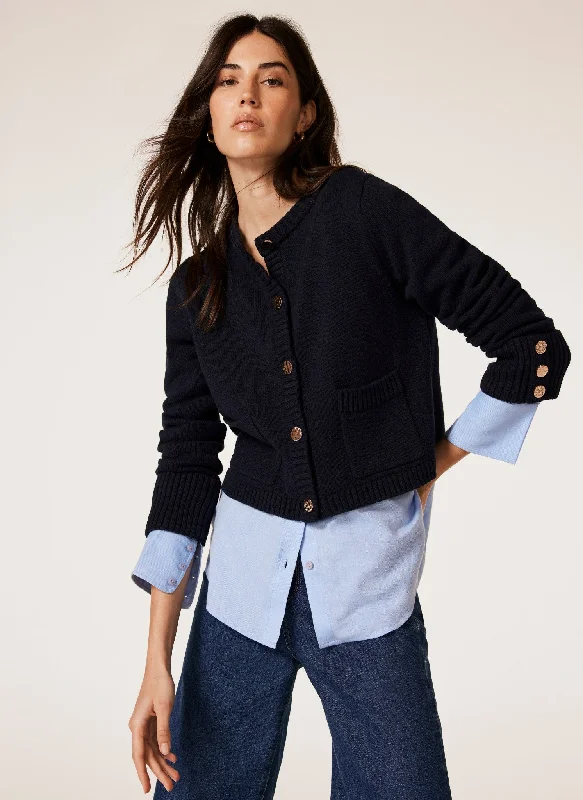 Navy Cotton Cropped Cardigan